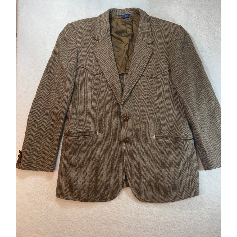 Vintage Pendleton High Grade Western Wear Wool Herringbone Blazer Brown READ - Picture 1 of 16
